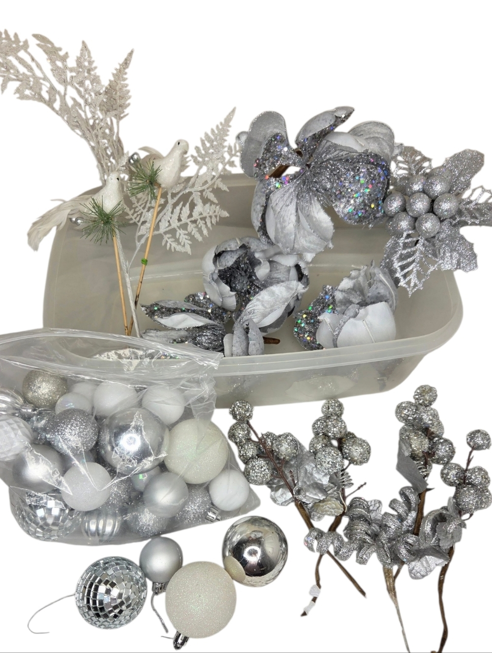 Silver And White Christmas Holiday Ornaments Set Bird Floral Pick Stems